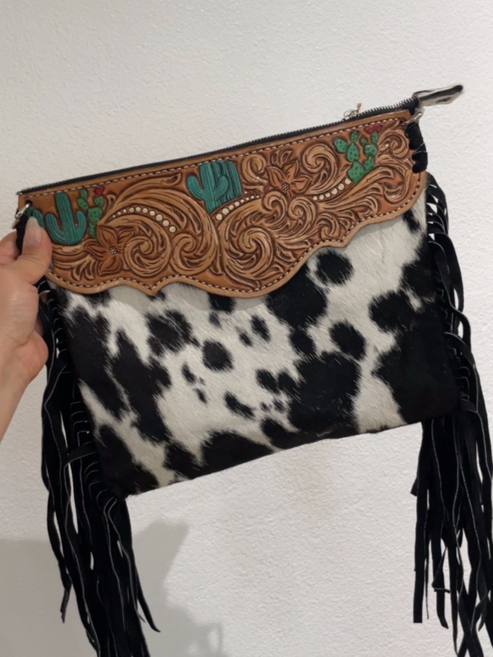 Cowhide Fringe Clutch with Tooled Leather Accent - Black & White